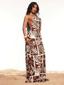 Radiana 棕色亚麻质感波西米亚风连衣裙，海洋印花连衣裙，性感串珠露背吊带连衣裙，度假连衣裙，沙滩连衣裙，宽松舒适休闲连衣裙，适合海岛度假、海滩、假日、休闲外出、派对、音乐节、演唱会、乡村音乐活动等场合。女士沙滩装，女士度假套装，女士夏季两件套，女士泳装罩衫，女士泳衣套装（含罩衫）。 - 彩色 - 查看 2