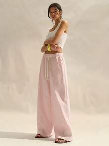 Easelle Quần ống đứng kẻ sọc dáng casual đa năng dành cho nữ, có dây rút ở eo và túi, thích hợp mặc hàng ngày. - Hồng - Xem 4