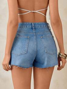 SHEIN 100% Cotton Mid Waist Woman Mini Denim Blue Washed Short - Light Wash - View 2
