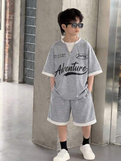 2pcs/Set Tween Boy Casual Korean Style Loose Fit Gray 2 In 1 Short Sleeve T-Shirt And Shorts Set, Suitable For Commuting, School, Casual Outings, Sports, Summer, Vacation