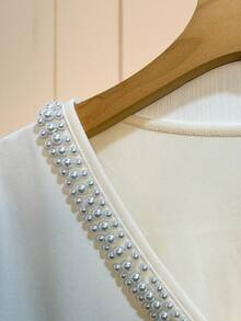 Franclia Diseño estilo francés, camiseta de mujer con cuello en V muy adornada con rhinestones y mangas cortas, nuevo estilo de verano 2026, camiseta blanca, top estilizador, verano, día de San Valentín para mujeres, top de fiesta, top elegante de mujer, casual de mujer, top blanco. - Albaricoque - Ver 3