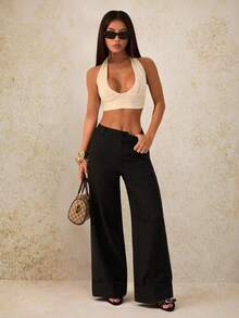 SHEIN PETITE 女士黑色纯色斜纹梭织纽扣口袋简约低腰休闲裤，适合通勤、休闲外出、复古风格、办公室穿着，春夏皆宜 - 黑色 - 查看 5