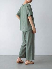 EMERY ROSE 2件套女士夏季休闲纯色百搭圆领短袖T恤和裤子套装 - 綠色 - 查看 2