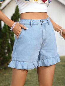 Breezaya Women's Vacation Ruffled Hem Denim Shorts - Light Wash - View 6