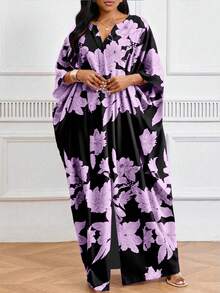 SHEIN Lady 春夏优雅黑色编织V领短袖束腰连衣裙衬衫裙加大码连衣裙万圣节服装女式长袍 - 彩色 - 查看 1