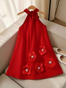 SHEIN Tween Girl 3D Floral Decor Twisted Design Halter Dress - Red - View 2