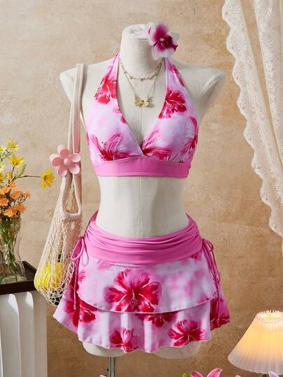 Bellisia Conjunto de bikini con top halter y estampado floral de verano, con pareo y falda
