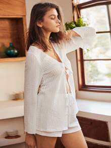 Lullawish Bohemian Knitted Jacquard Striped Women Pajama Set - White - View 3