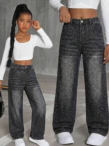 少女休闲时尚简约百搭水钻装饰水洗黑色直筒牛仔裤 - 黑色 - 查看 3