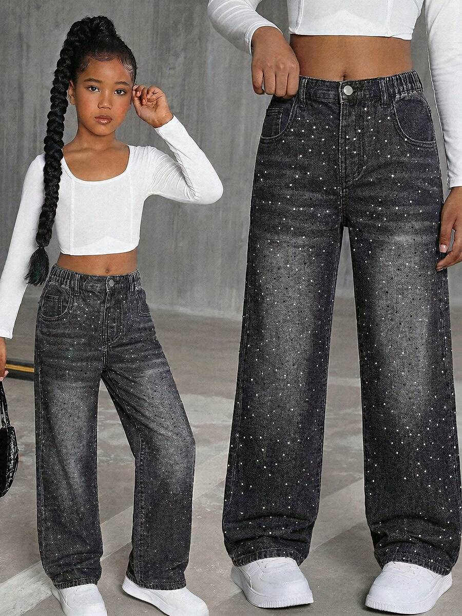 Quần jeans ống đứng màu đen denim mài, đính đá lấp lánh, phong cách tối giản, thường ngày, đa năng dành cho bé gái tuổi teen. - màu đen - Xem 1