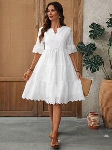 EMERY ROSE 女士度假休闲纯色镂空刺绣迷你连衣裙 - 白色 - 查看 6