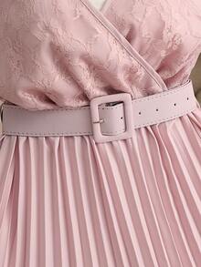 SHEIN LUNE Women's Soft Pink Pleated Dress,Elegant Summer V-Neck Lace Panel Short Sleeve Cinched Waist Gown,Perfect For Tea Party,Wedding,Easter & Holiday - Pink - View 5