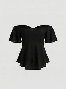 SHEIN Tall Tall Series Women's Jacquard Off-Shoulder Wide Neck Reversible Casual T-Shirt - Black - View 2