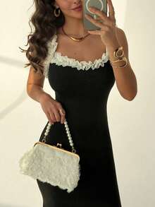 Franclia 优雅长裙，黑色蕾丝边连衣裙，黑白拼接连衣裙，吊带连衣裙 - 黑色 - 查看 6