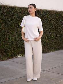 Andrea Bello 女士宽松休闲圆领基础款短袖上衣，秋冬季 - 白色 - 查看 6