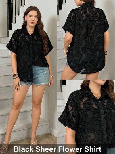 SHEIN LUNE Plus Size Women's Fashionable Casual Button-Down Short Sleeve Shirt Black Tops Black Blouse Casual Outfit For Women Casual Blouse For Women Vacation Outfits Women Beach Vacation Outfits For Women Holiday Outfits Beach Outfits For Women Easter Spring Outfit Women Summer Outfits, Summer Tops