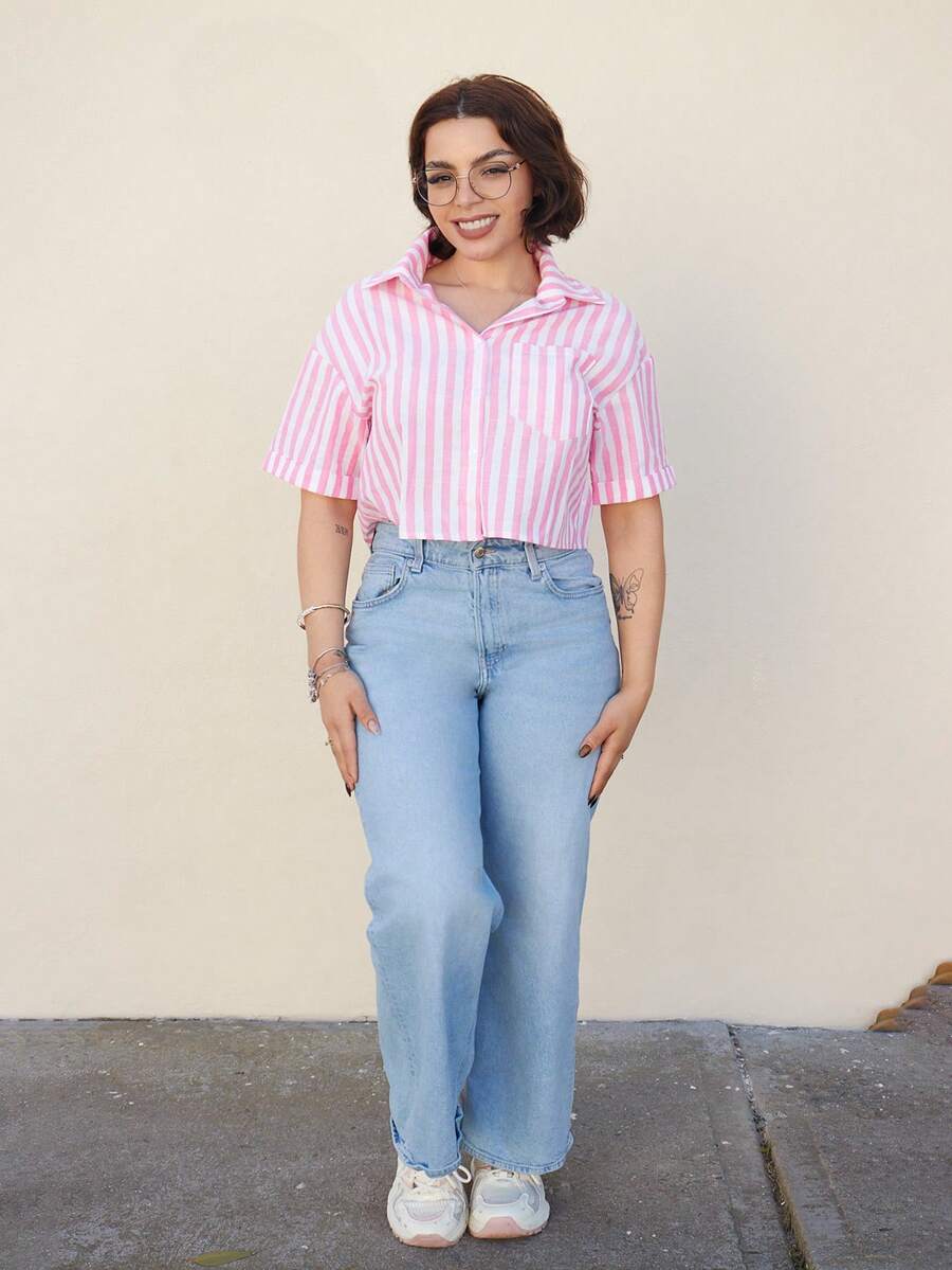 Lupita Cardoza 条纹短款宽松翻领短袖女式衬衫 - 玫紅色 - 查看 1