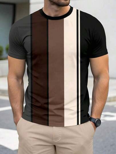 Camiseta de manga corta casual ajustada delgada con estampado rayado elegante, esencial para citas y reuniones, ideal como regalo para novio