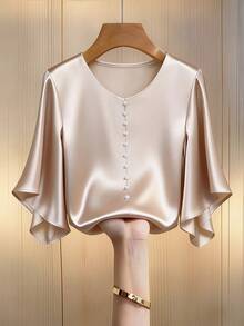 GlowEve Women's Champagne Satin Round Neck Ruffle Trim Pearl Beaded Long Sleeve Loose Elegant Blouse, Spring/Summer - Champagne - View 1