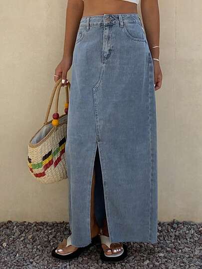 Livesso Vintage Washed Blue Loose Casual Vacation Street High Slit Straight Denim Skirt For Women, Suitable For Summer & Spring