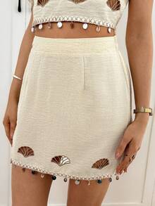 Easowa Ensemble débardeur et mini-jupe décontracté de vacances, couleur unie avec pendentif ajouré - Kaki - Voir 7
