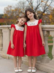 SHEIN Young Girl Casual Versatile Floral Pattern Round Neck Ruffle Trim Contrast Color Dress,Kids - Red - View 4