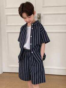 DAZY Tween Boys' Summer Casual Striped Shirt And Shorts Set - Navy Blue - View 1