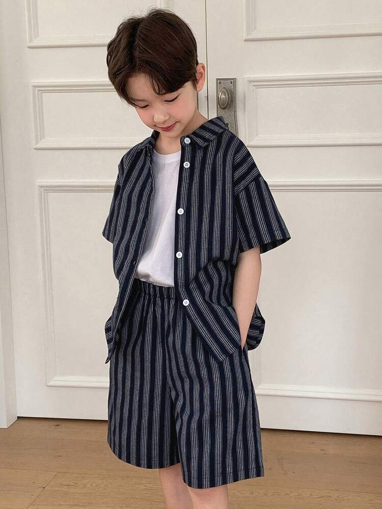 Tween Boys' Summer Casual Striped Shirt And Shorts Set