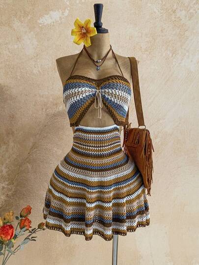 Soleia Women's Vacation Casual Colorblock Striped Backless Halter Knit Dress