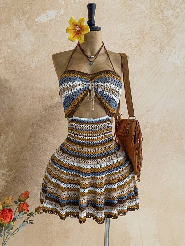 Soleia Women's Vacation Casual Colorblock Striped Backless Halter Knit Dress