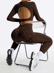 Dewbera Dewbera Women's Leopard Print Round Neck Backless Long Sleeve Top And Tight Leggings Casual Sports Suit - Coffee Brown - View 2