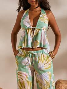 Opulessa Women's Chiffon Printed Halter Top & Loose Straight Leg Pants 2 Pieces Set, Spring/Summer Vacation - Green - View 3