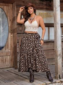 SHEIN LUNE Jupe élégante à imprimé léopard avec lien à la taille pour femmes grande taille - Tabac - Voir 6