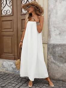 Brillora 女士休闲优雅浪漫度假棉质宽松吊带白色连衣裙，春夏款 - 白色 - 查看 7