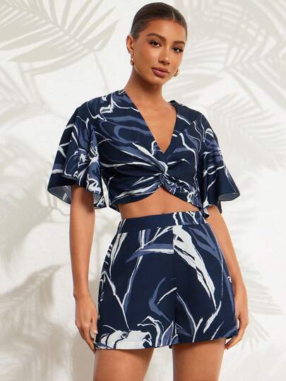 Amorya Summer Vacation Elegant Women's Dual-Color Floral Print Twist Ruffle Short Sleeve Shirt And Elastic Waist A-Line Printed Shorts 2-Piece Set, Suitable For Vacation, Outing, Commuting, Daily Wear, Home, And Multiple Occasions