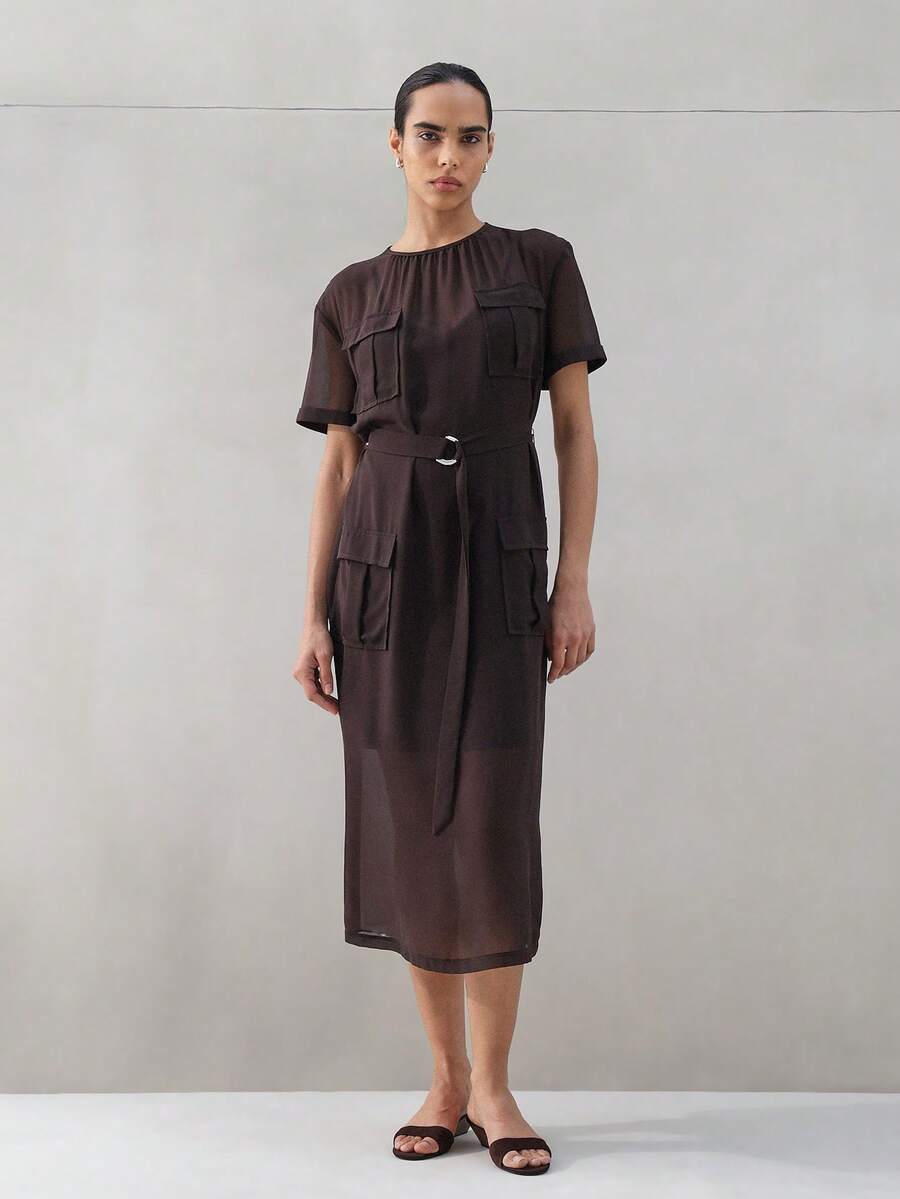 KSTM Women Chiffon Utility Midi Dress With Belt Short Sleeve Round Neck Semi Sheer Casual Office Versatile Lightweight Summer Spring - Coffee Brown - View 1