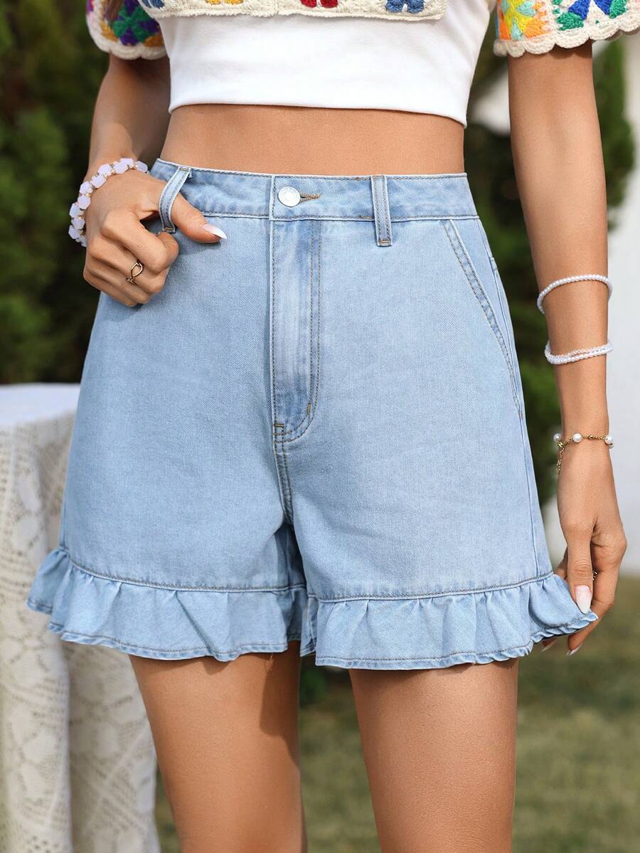 Breezaya Women's Vacation Ruffled Hem Denim Shorts - Light Wash - View 1