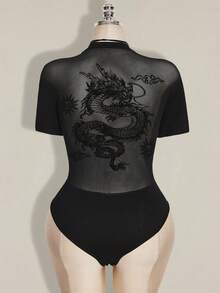 SHEIN ICON 女士加大码春夏复古性感时尚个性现代都市前卫大胆千禧风Y2K龙纹植绒网眼拼接黑色针织修身连体衣 - 黑色 - 查看 8