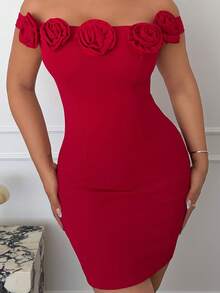 Maria Perezxox 女士露肩纯红色连衣裙，饰有3D花朵 - 紅色 - 查看 6