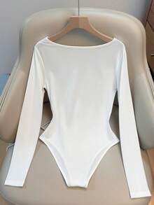 Franclia Women's Elegant Bodysuit White Draped Neckline Long Sleeves Glossy Fabric Suitable For Commuting Dates And Everyday Wear Women's White Bodysuit Beach Bodysuit Women's Holiday Bodysuit Women's Elegant Bodysuits - White - View 2