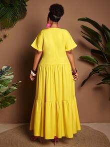 Maweii Đầm dài nữ cỡ lớn màu vàng cổ chữ V tay ngắn dáng chữ A, thích hợp cho đi làm, du lịch, nghỉ dưỡng, thiết kế tối giản, thanh lịch, mặc hàng ngày. - Màu vàng - Xem 3