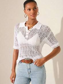 Lilora Casual White Knitwear Polo Sweater For Women Sheer Short Sleeve Regular Length Drop Shoulder Style - White - View 6