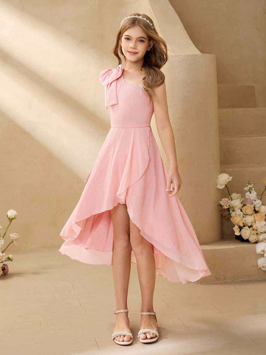 Tween Girl Elegant Solid Color Bow Decor One Shoulder Party Dress - Dusty Pink - View 1
