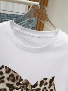 Resyla 休闲豹纹印花、蝴蝶结和樱桃图案短袖T恤，夏季 - 白色 - 查看 3