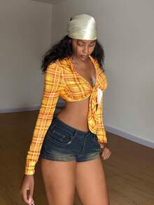 StreetHx 女士黄色格子长袖露脐系带性感朋克街头风衬衫，适合海滩度假和音乐节穿着 - 黃色 - 查看 6