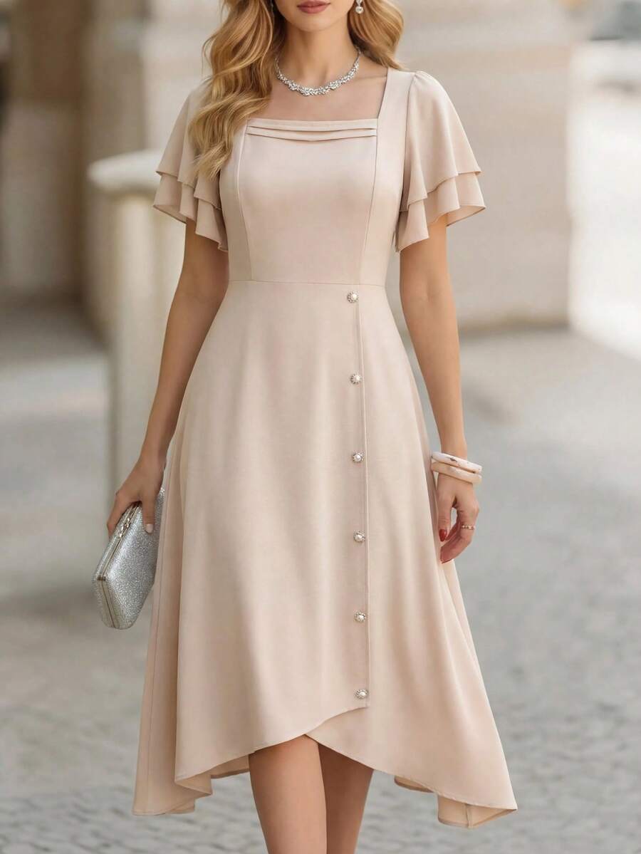 Miaspire Đầm nữ màu trơn cổ vuông vạt lệch thanh lịch tay ngắn, thích hợp cho kỳ nghỉ hè. - Màu be - Xem 1