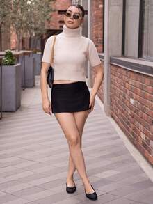 Andrea Bello 秋冬女式纯色休闲百搭高领短袖针织毛衣 - 杏色 - 查看 1