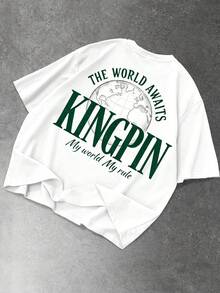 Manfinity LEGND 男士休闲地球标语印花T恤，夏季款 - 白色 - 查看 6