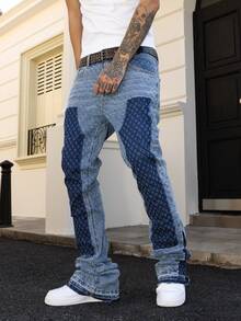 Manfinity LEGND 男士拼接提花蹄印修身弹力喇叭牛仔裤 - 淺色水洗藍 - 查看 6