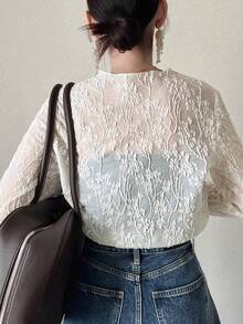 FRIFUL 女士圆领蕾丝面料修身喇叭袖纯色休闲T恤 - 杏色 - 查看 4